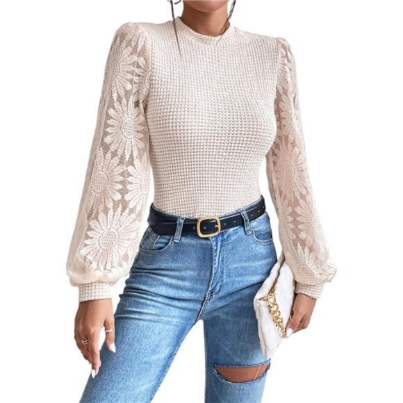 Womens Casual Crochet Top Mesh Lace Long Sleeve - Picture 1 of 7